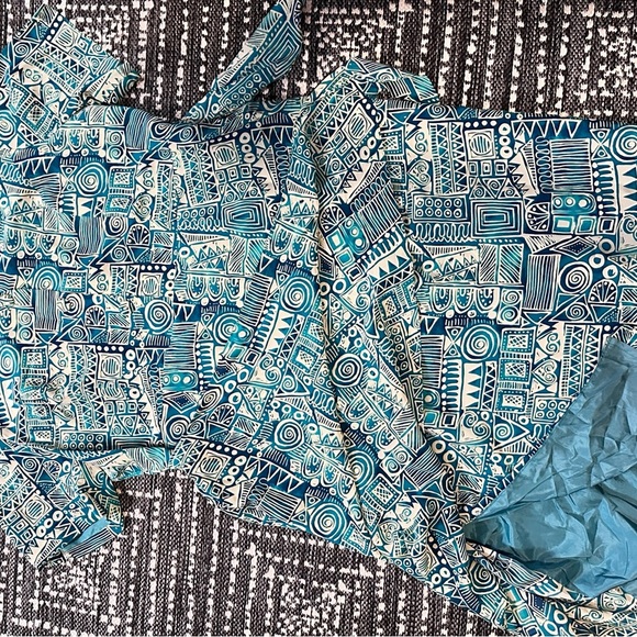 Silk Dress - Size 24 Slimming Faux Wrap by Spenser Jeremy Blue Geometric Midi - Picture 10 of 14